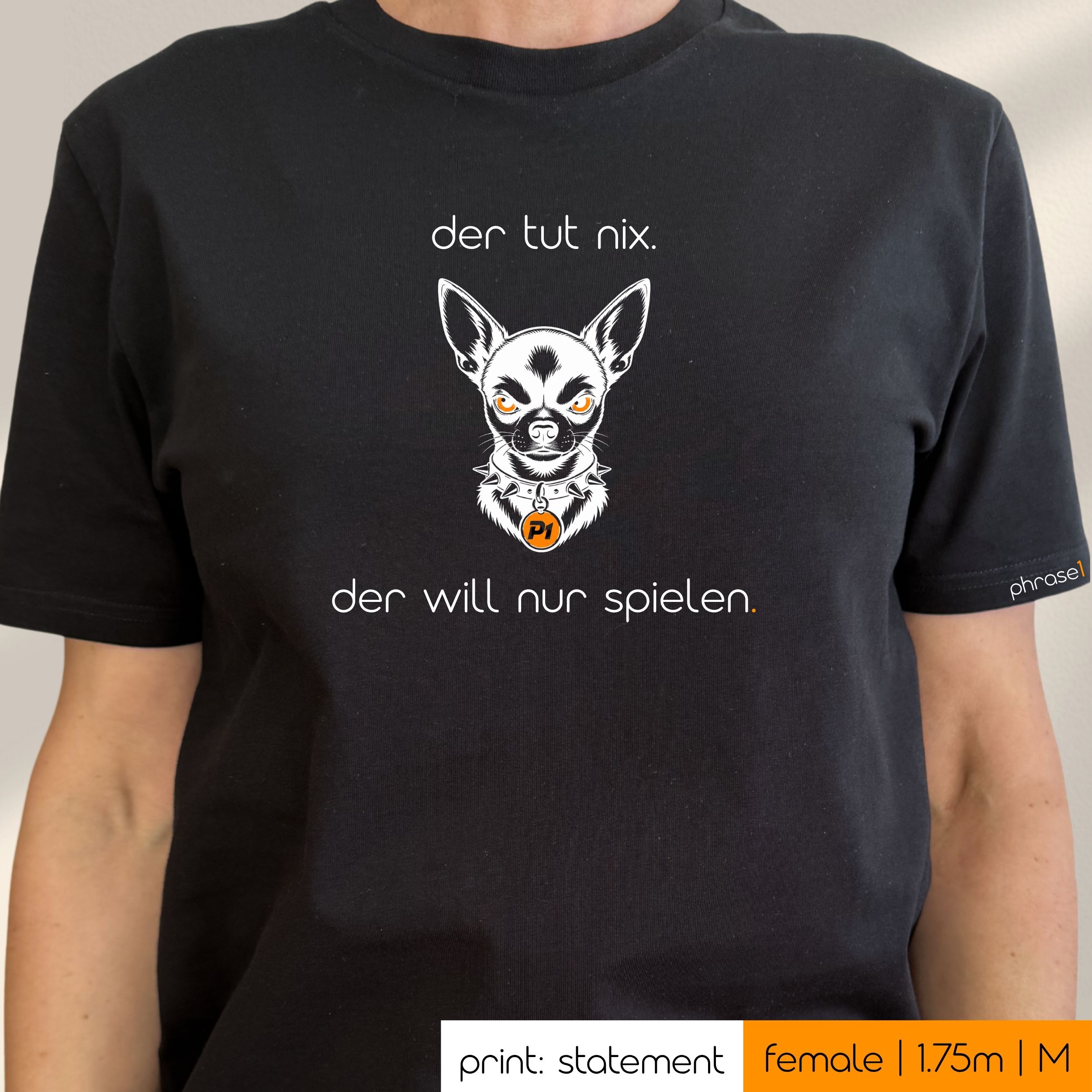 Premium T-Shirt mit Visual Chihuahua und Spruch „der tut nix. der will nur spielen.“